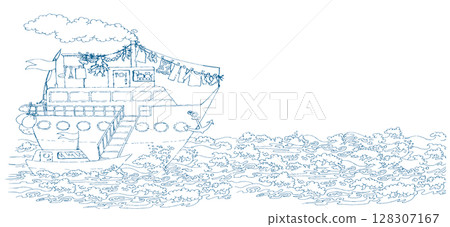 Pencil drawing. The gangway is lowered from the ship onto the boat. Pencil drawing. The gangway is lowered from the ship onto the boat. 128307167