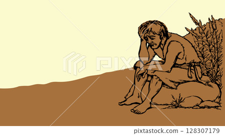 Vector drawing. A sad man and pigs Vector drawing. A sad man and pigs 128307179