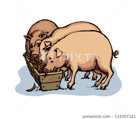 Vector drawing. Pigs eating rhe food Vector drawing. Pigs eating rhe food 128307181