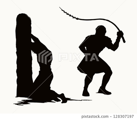Vector drawing. Beaten man tied to a pole 128307197
