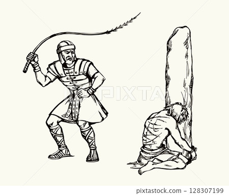 Vector drawing. Beaten man tied to a pole Vector drawing. Beaten man tied to a pole 128307199