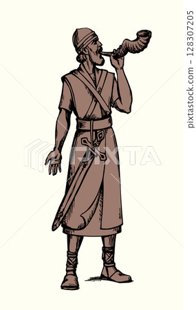 Vector drawing. Warrior with torch 128307205