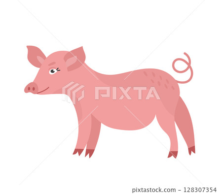 Cute pink piggy in cartoon style. Vector animal character from a farm isolated on a white background. 128307354