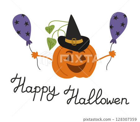 Happy Halloween banner with a cheerful pumpkin in a hat, balloons and text for the holiday. Vector illustration isolated for falling design and decor. 128307359