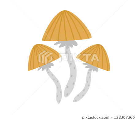 The witch's house is magical.  The moon, bats, cobwebs and a hat on the roof for Halloween. Vector thematic illustration isolated for falling design and decor. 128307360