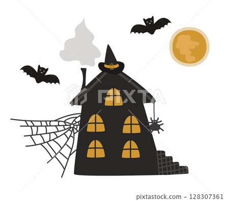 The witch's house is magical.  The moon, bats, cobwebs and a hat on the roof for Halloween. Vector thematic illustration isolated for falling design and decor. 128307361