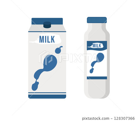 Box and a bottle of milk. Vector illustration of a simple different packaging for fermented milk drinks. Isolated on a white background. 128307366