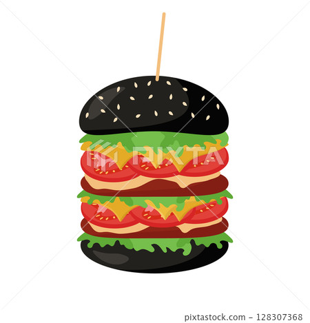 Trendy hamburger on a black bun is a traditional sandwich with a cutlet, bun, tomatoes, lettuce, cheese for the concept of fast food. Vector illustration for design or decoration. Trendy hamburger on a black bun is a traditional sandwich with a cutlet, bun, tomatoes, lettuce, cheese for the concept of fast food. Vector illustration for design or decoration. 128307368