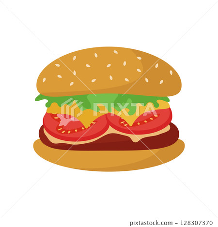Hamburger is a traditional sandwich with a cutlet, bun, tomato, salad, cheese for the concept of fast food. Vector illustration for design or decoration. Hamburger is a traditional sandwich with a cutlet, bun, tomato, salad, cheese for the concept of fast food. Vector illustration for design or decoration. 128307370