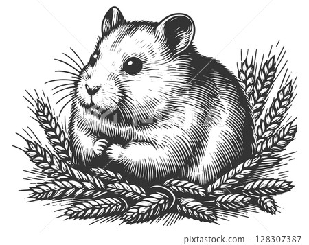 Hamster engraving sketch raster illustration Hamster engraving sketch raster illustration 128307387