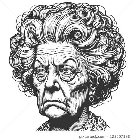 Stern Elderly Woman engraving sketch raster 128307388