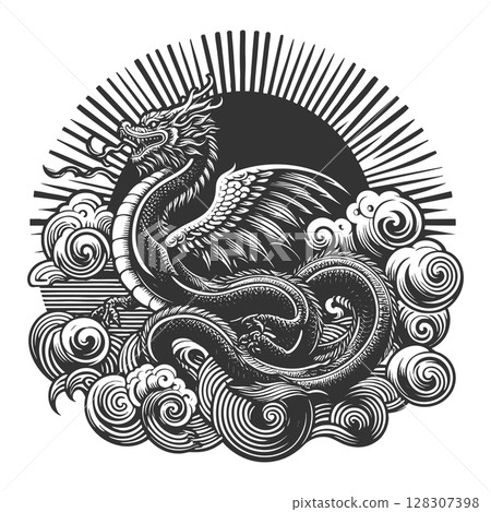 Winged Eastern Dragon in Cloud raster illustration 128307398