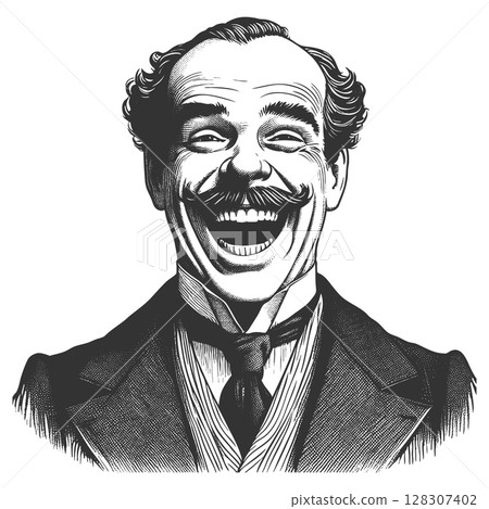 Laughing Man with Mustache engraving sketch vector Laughing Man with Mustache engraving sketch vector 128307402