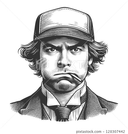 Grumpy Man with Cap and Cigar vector illustration Grumpy Man with Cap and Cigar vector illustration 128307442