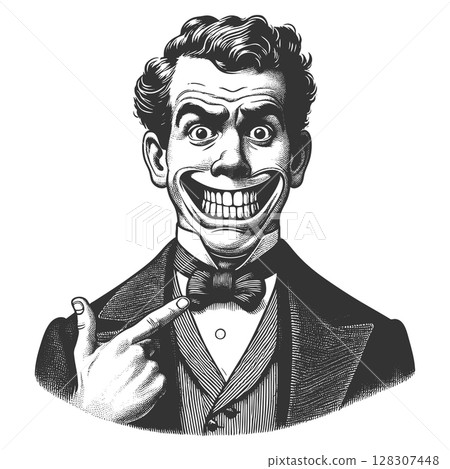 Man with Creepy Smile Pointing at Bow Tie vector 128307448