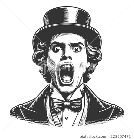 Shocked Man in Top Hat engraving sketch raster 128307471