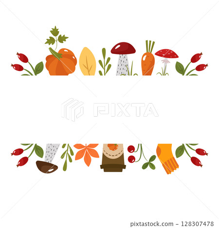 Autumn template for text in the center, in the form of a rectangle. Pictures with socks, cranberries, coffee, pumpkin, mushrooms, carrots, rosehip. The vector illustration is isolated. For design or Autumn template for text in the center, in the form of a rectangle. Pictures with socks, cranberries, coffee, pumpkin, mushrooms, carrots, rosehip. The vector illustration is isolated. For design or 128307478