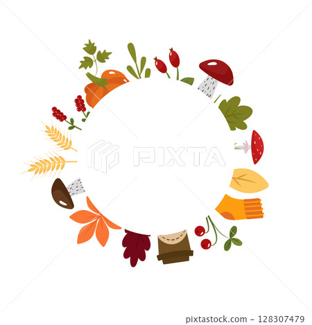Autumn template, text frame in the center, in the shape of a circle. Pictures with socks, cranberries, coffee, wheat, pumpkin, mushrooms, carrots,rosehip. The vector illustration is isolated. For 128307479
