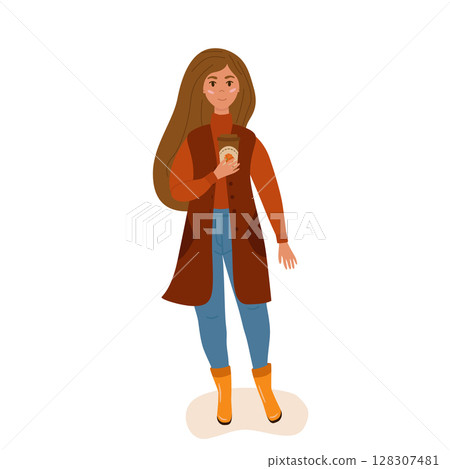In autumn, a girl is standing on the street, holding a cup of coffee. In a cardigan, a sweater and rubber boots. Vector illustration in a flat style. A cozy landscape. In autumn, a girl is standing on the street, holding a cup of coffee. In a cardigan, a sweater and rubber boots. Vector illustration in a flat style. A cozy landscape. 128307481
