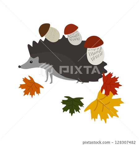 Autumn. Hedgehog with mushrooms. Vector illustration. In the style of hand drawing. Autumn. Hedgehog with mushrooms. Vector illustration. In the style of hand drawing. 128307482