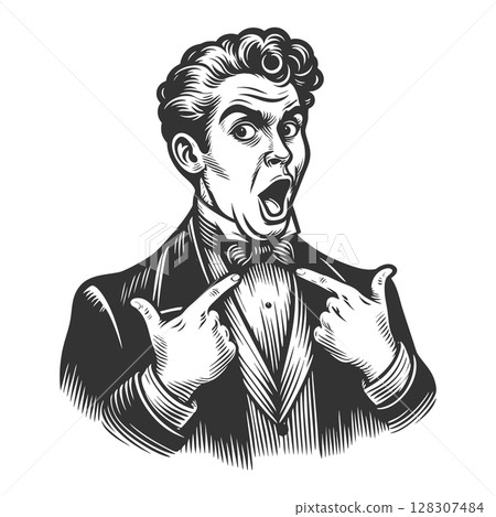 Shocked Vintage Man Pointing at Himself raster 128307484