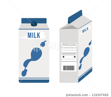Box of milk. Vector illustration of a simple package with a label and a barcode, front and side view. Isolated on a white background. Box of milk. Vector illustration of a simple package with a label and a barcode, front and side view. Isolated on a white background. 128307488