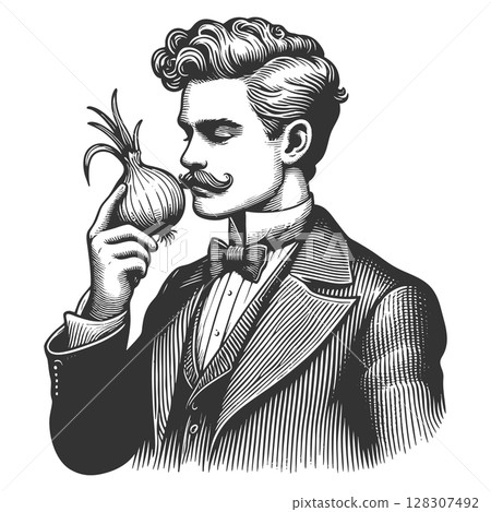 Thoughtful Victorian Man Holding an Onion vector Thoughtful Victorian Man Holding an Onion vector 128307492