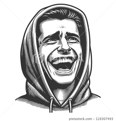 Happy Young Man in Hoodie Laughing Loudly vector 128307493