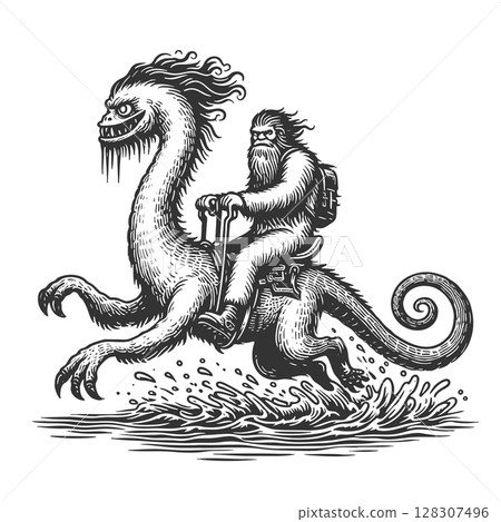 Bigfoot Riding Sea Monster vector illustration 128307496