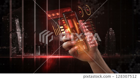 Interacting with digital interface, hand exploring virtual data in city environment 128307512