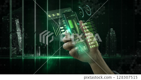 Hand interacting with holographic data and graphs on futuristic digital interface 128307515