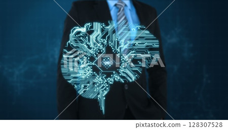 Businessman in suit with digital brain hologram, symbolizing artificial intelligence Businessman in suit with digital brain hologram, symbolizing artificial intelligence 128307528