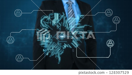 Standing in suit, businessman with digital network overlay, showcasing connectivity 128307529
