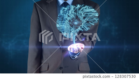 Holding digital brain hologram, businessman showcasing artificial intelligence technology concept 128307530