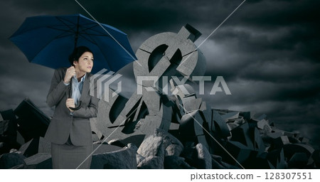 Holding blue umbrella, businesswoman stands among giant dollar signs under stormy sky Holding blue umbrella, businesswoman stands among giant dollar signs under stormy sky 128307551