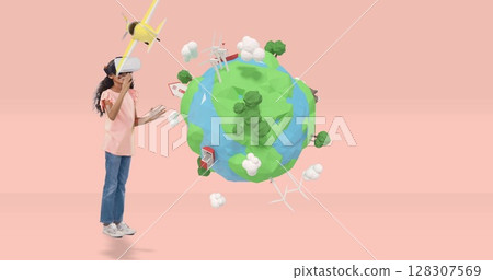 Child exploring virtual world with VR headset, interacting with digital Earth 128307569