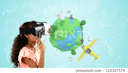 Child exploring virtual reality with VR headset, engaging with interactive 3D world 128307574