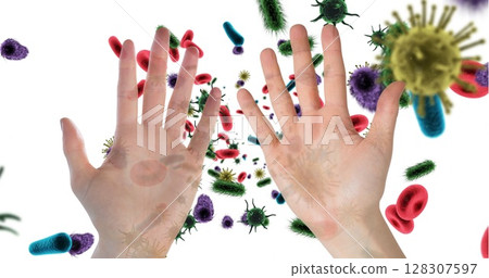Hands surrounded by colorful germs and bacteria, illustrating hygiene importance Hands surrounded by colorful germs and bacteria, illustrating hygiene importance 128307597