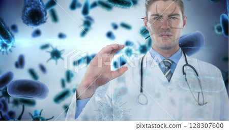 Doctor in lab coat examining virtual bacteria, focusing on medical research 128307600