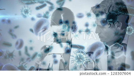Examining samples under microscope, scientists in laboratory analyzing bacteria and cells 128307604