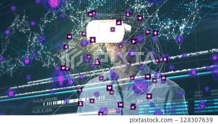 Image of network of connections over man wearing vr headset 128307639