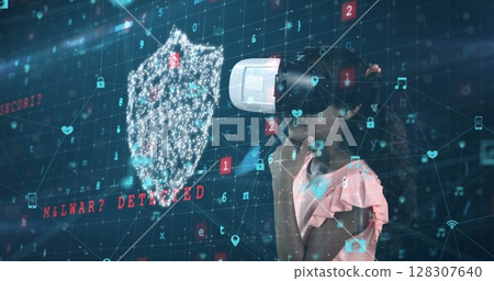 Image of data and security icons over schoolgirl using vr headset 128307640
