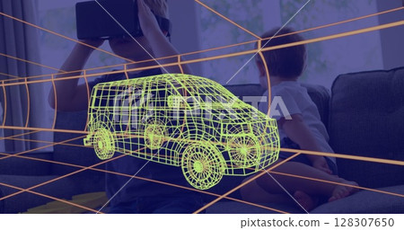 Image of 3d technical drawing of van, over boy at home wearing vr headset Image of 3d technical drawing of van, over boy at home wearing vr headset 128307650
