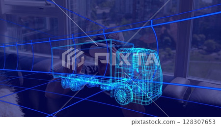 Image of 3d technical drawing of truck, over man at home wearing vr headset Image of 3d technical drawing of truck, over man at home wearing vr headset 128307653