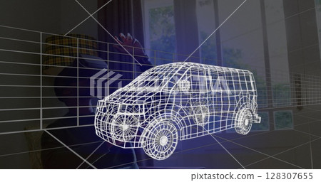 Image of 3d technical drawing of van, over man at home wearing vr headset Image of 3d technical drawing of van, over man at home wearing vr headset 128307655