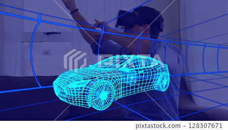 Image of 3d technical drawing of car, over man at home wearing vr headset Image of 3d technical drawing of car, over man at home wearing vr headset 128307671