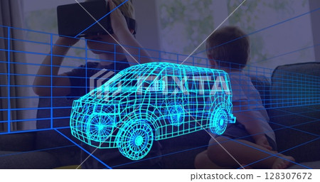 Image of 3d technical drawing of van, over boy at home wearing vr headset Image of 3d technical drawing of van, over boy at home wearing vr headset 128307672