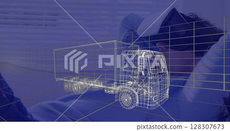 Image of 3d technical drawing of truck, over man at home wearing vr headset Image of 3d technical drawing of truck, over man at home wearing vr headset 128307673
