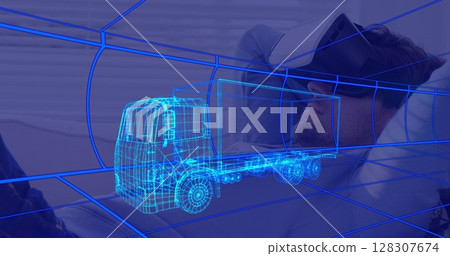 Image of 3d technical drawing of truck, over man at home wearing vr headset Image of 3d technical drawing of truck, over man at home wearing vr headset 128307674
