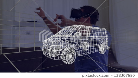 Image of 3d technical drawing of van, over man at home wearing vr headset Image of 3d technical drawing of van, over man at home wearing vr headset 128307680